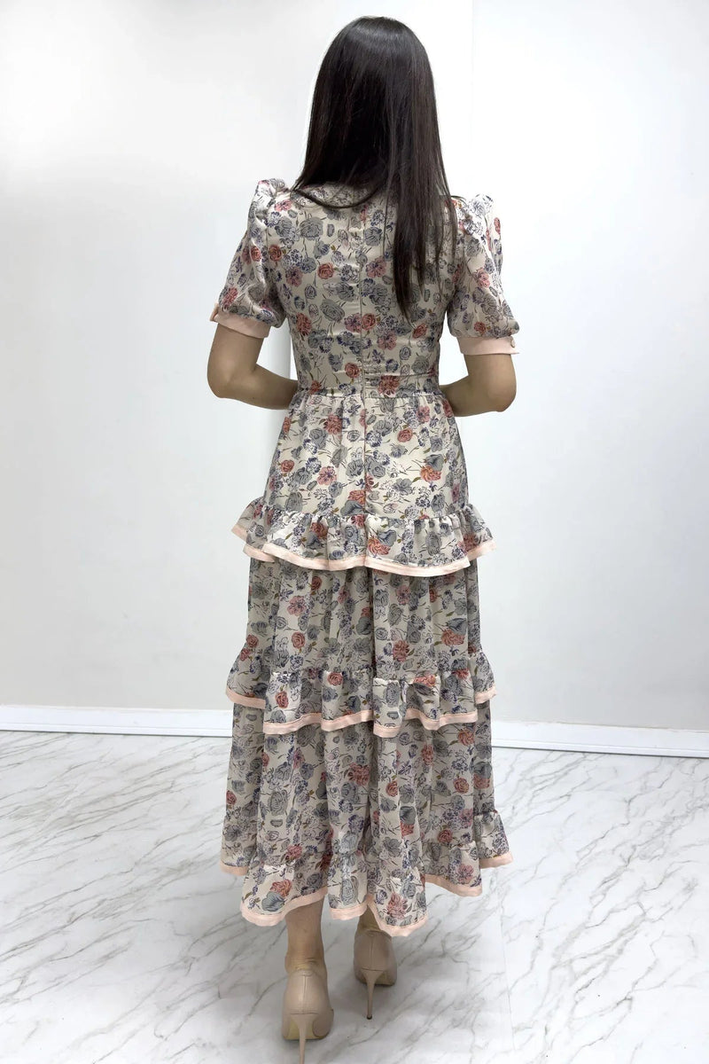 Women's Soft Powder Pink Çiçek Patterned Midi Dress