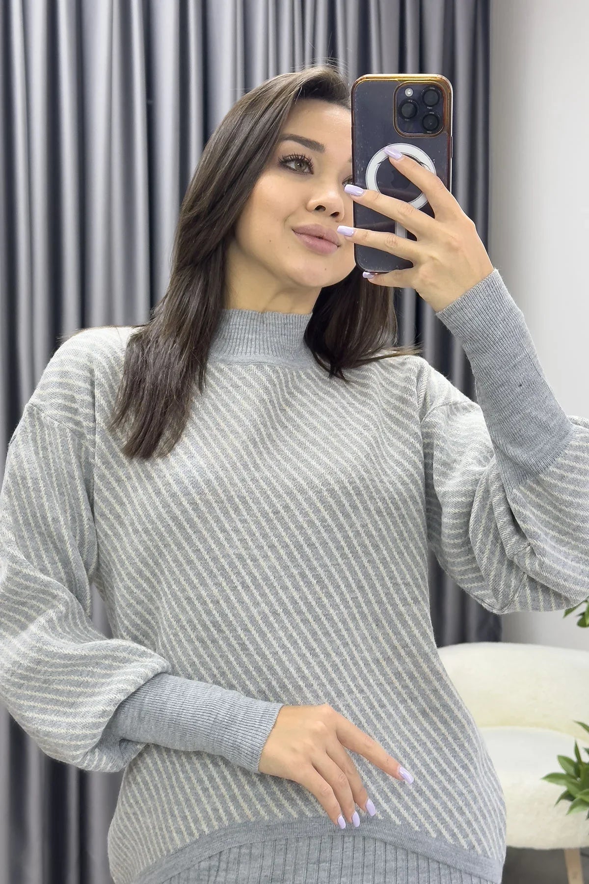 Women's Gray White Striped Dress Sweater Two-Piece Set