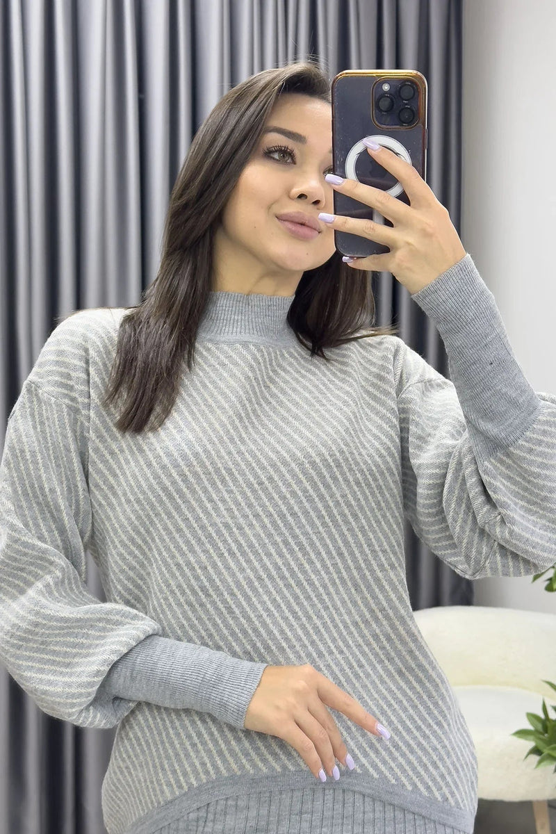 Women's Gray White Striped Dress Sweater Two-Piece Set