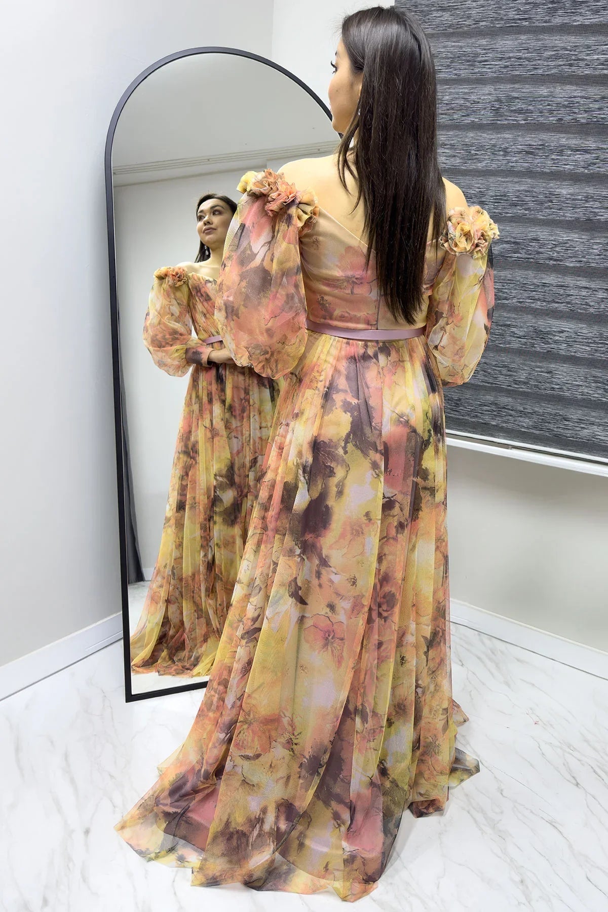 Women's Off-Shoulder Belted Patterned Slit Evening Gown