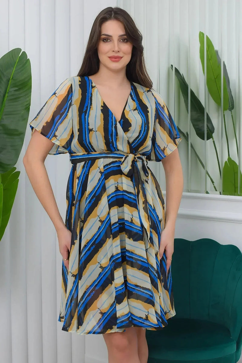 Women's Patterned Flared Half Sleeve Plus Size Chiffon Dress