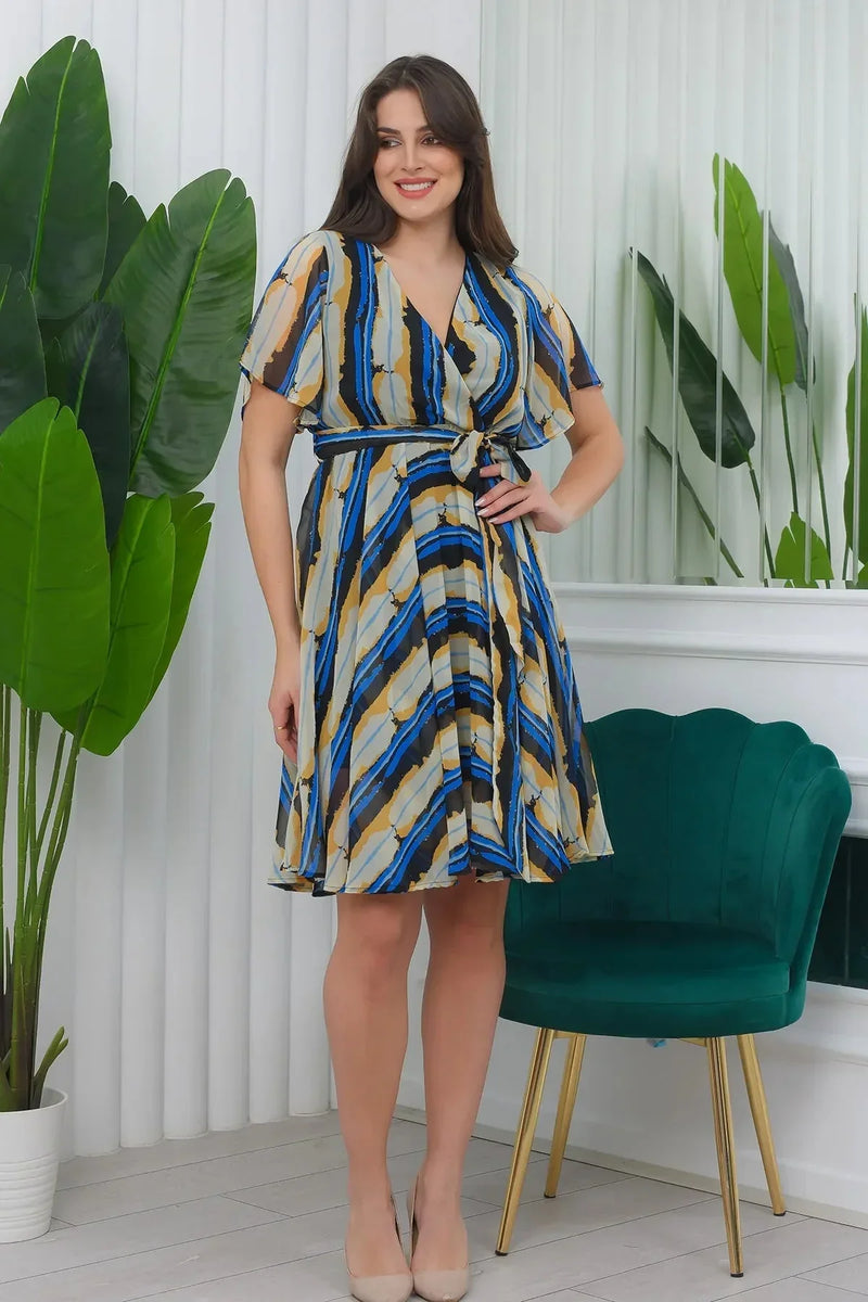 Women's Patterned Flared Half Sleeve Plus Size Chiffon Dress