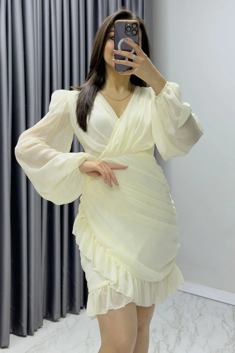 Women's Beige Mini Draped Chiffon Dress