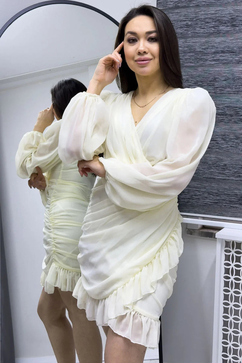 Women's Beige Mini Draped Chiffon Dress