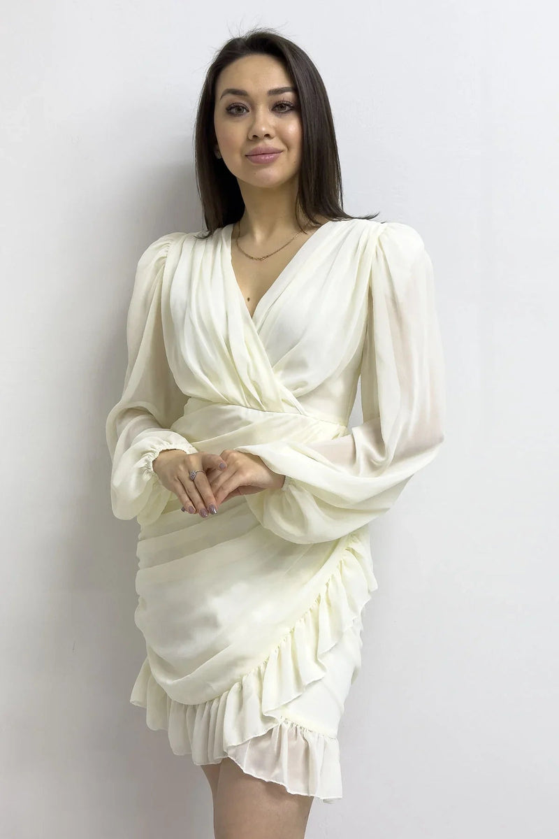 Women's Beige Mini Draped Chiffon Dress