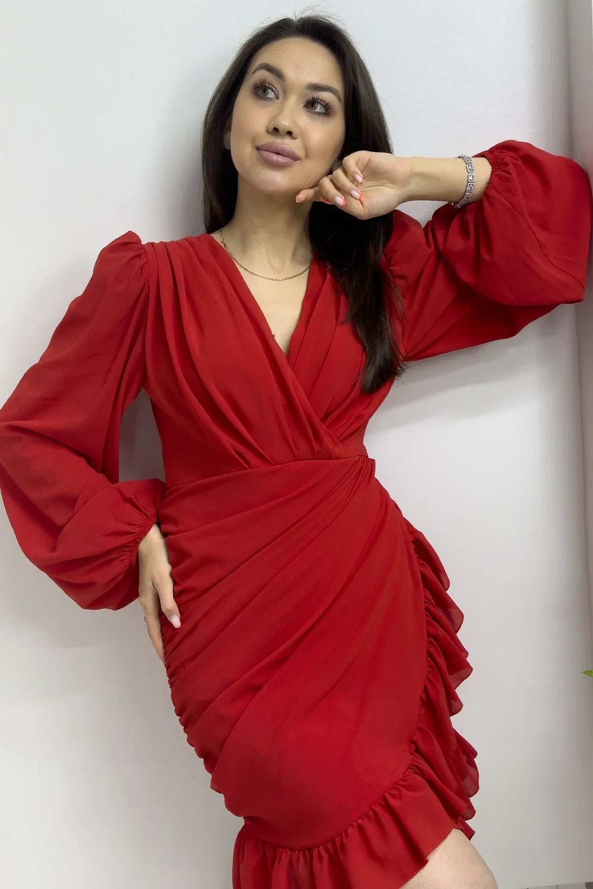 Women's Red Mini Draped Chiffon Dress