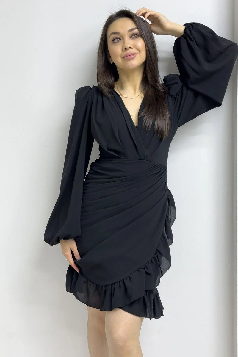 Women's Black Mini Draped Chiffon Dress