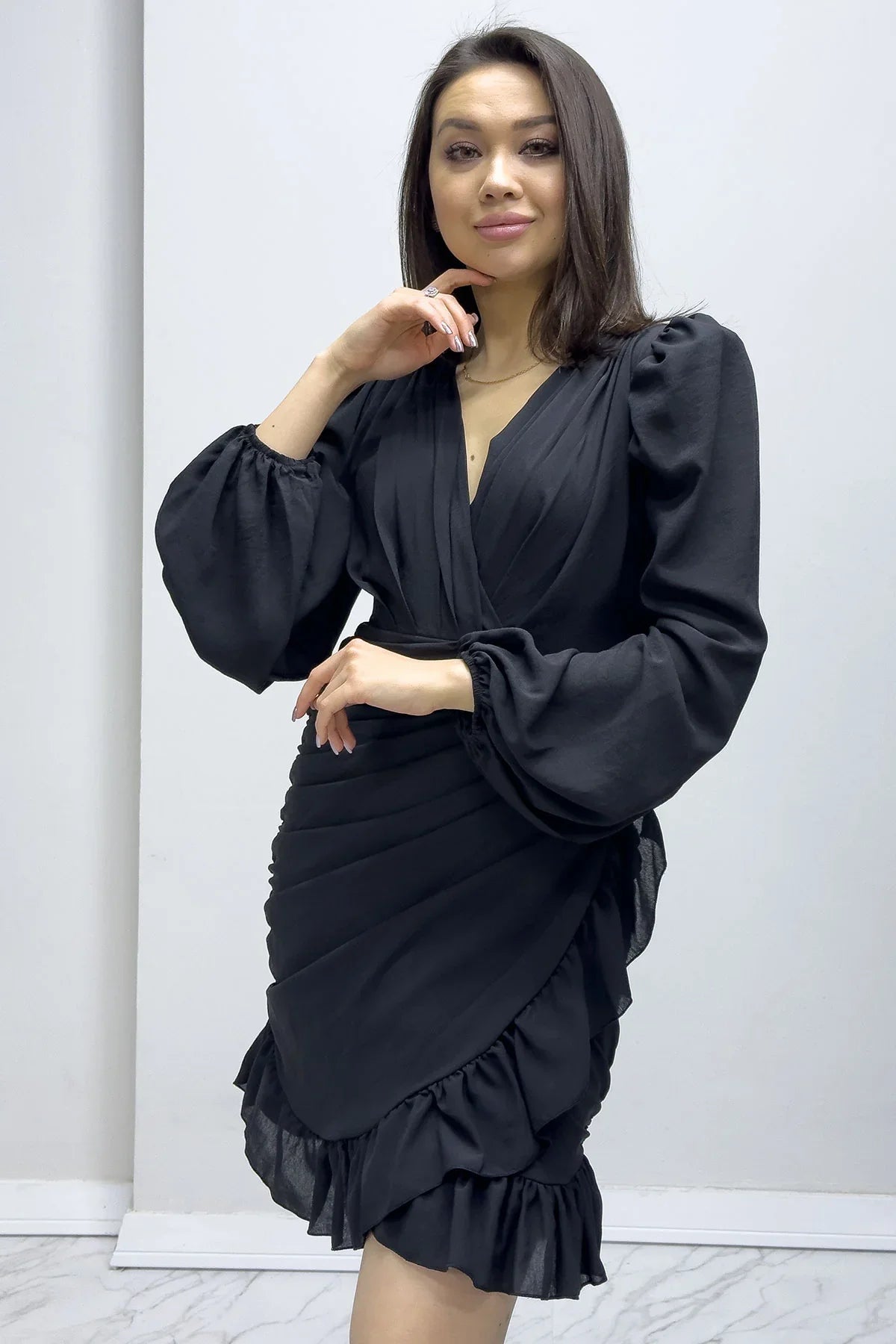 Women's Black Mini Draped Chiffon Dress