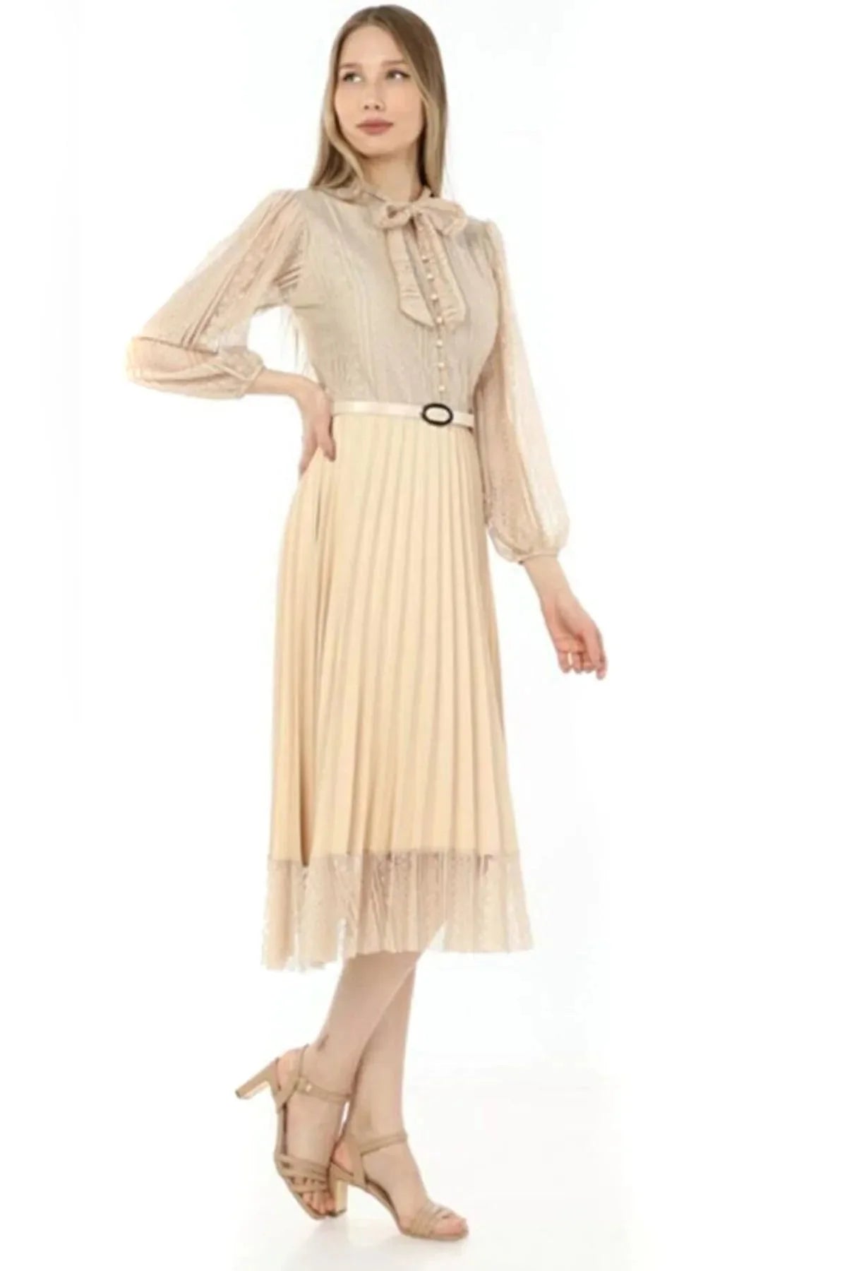 Women's Ecru Halter Tie Fransız Güpür Piliseli Evening Gown