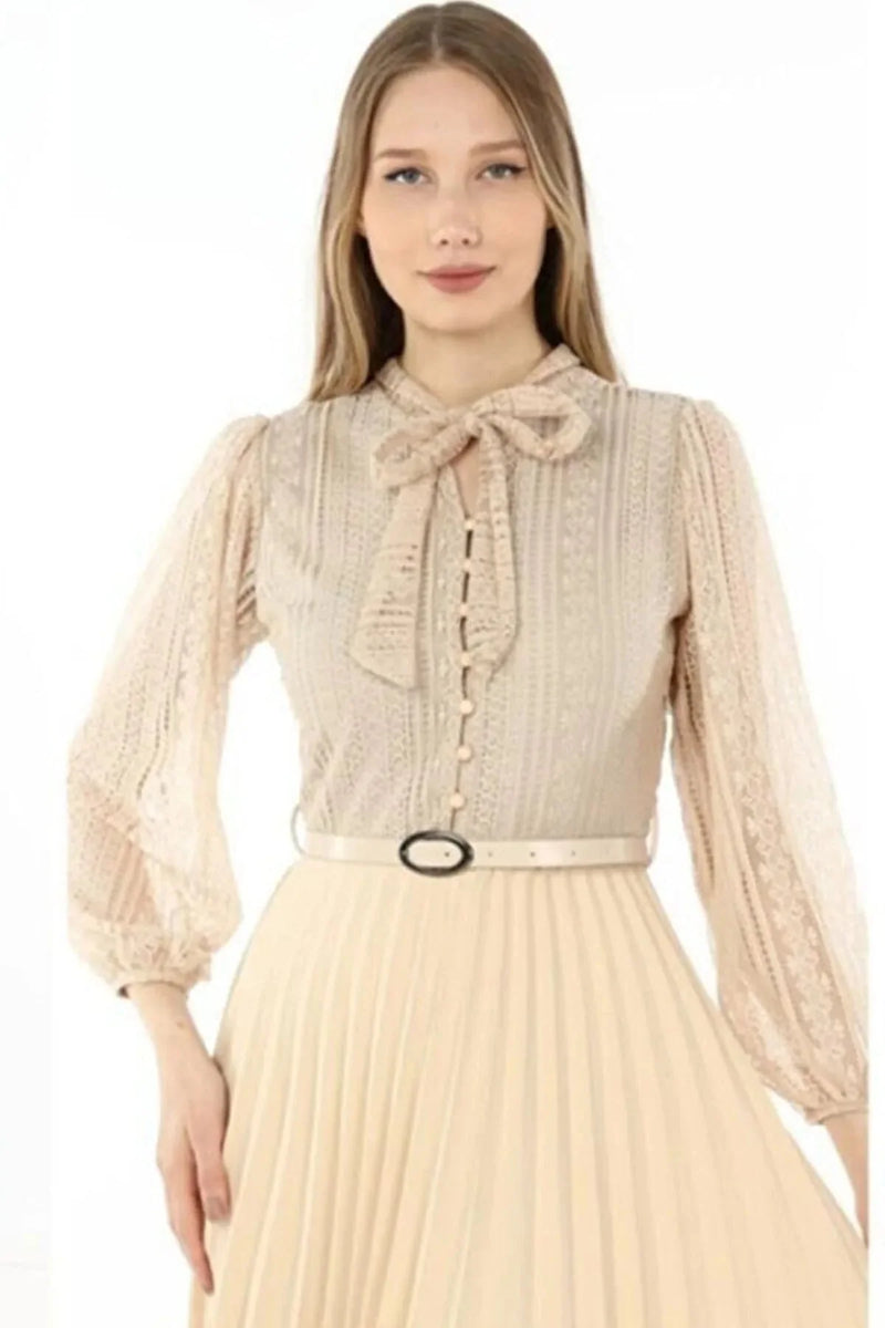 Women's Ecru Halter Tie Fransız Güpür Piliseli Evening Gown