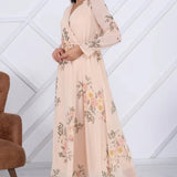 Ecru Floral Cross-Over Neck Chiffon Plus Size Dress