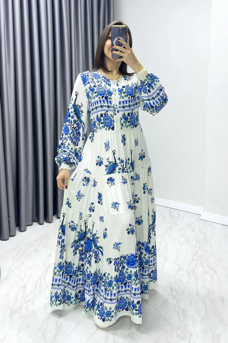 Women's White Ethnic Print Balloon Sleeve Dress