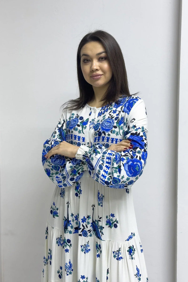 Women's White Ethnic Print Balloon Sleeve Dress