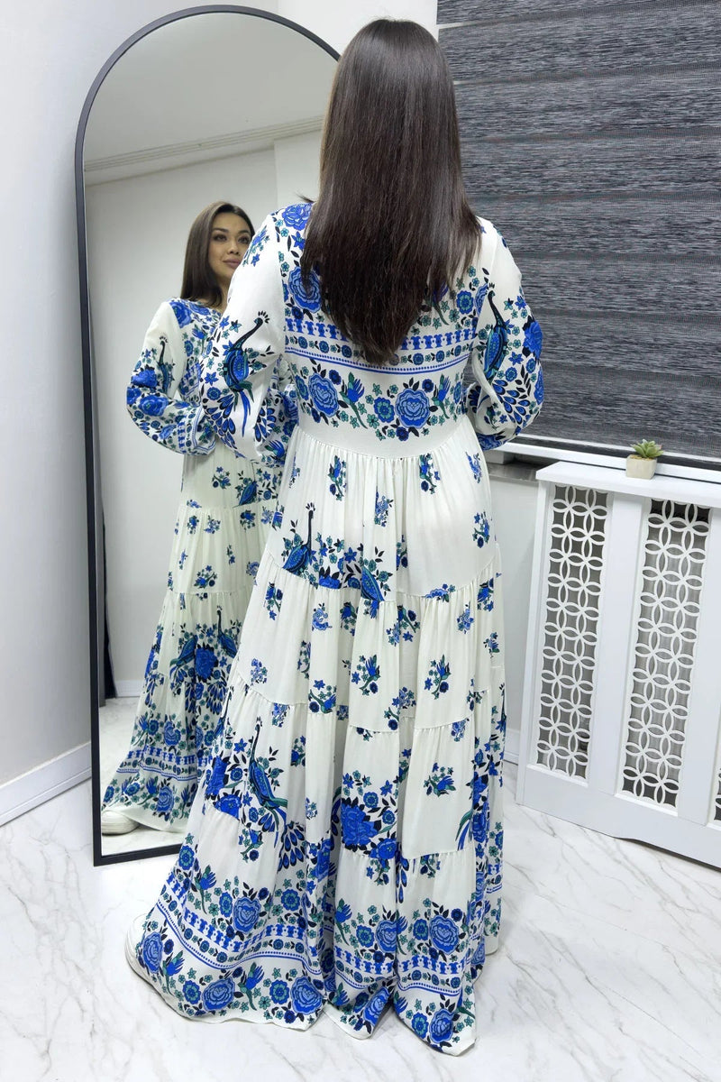 Women's White Ethnic Print Balloon Sleeve Dress