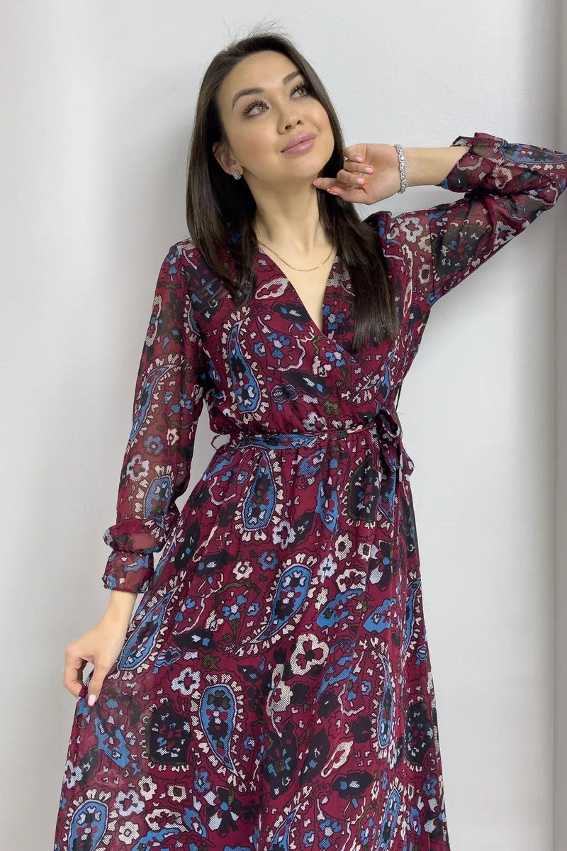 Women's Burgundy Şal Desen Wrap Neck Chiffon Dress