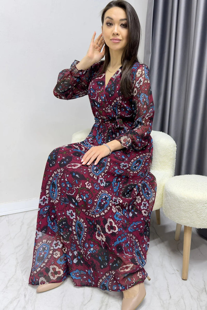 Women's Burgundy Şal Desen Wrap Neck Chiffon Dress