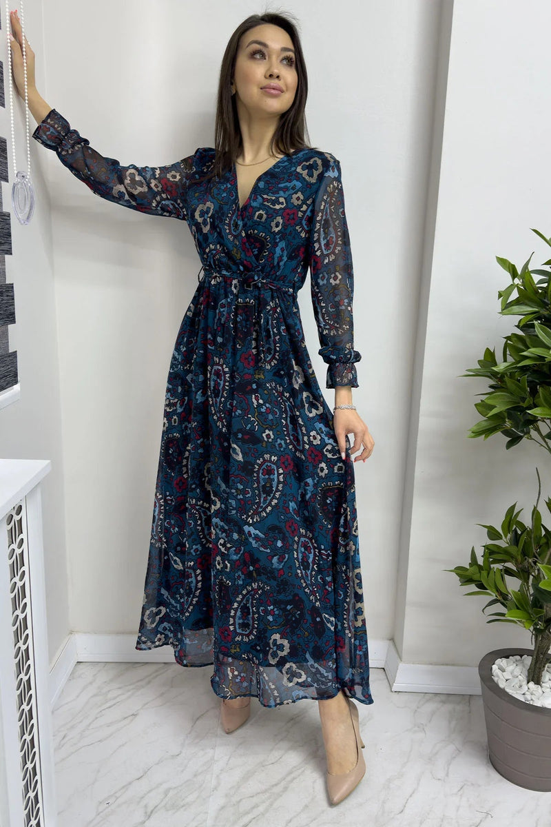 Women's Petrol Blue Şal Desen Wrap Neck Chiffon Dress