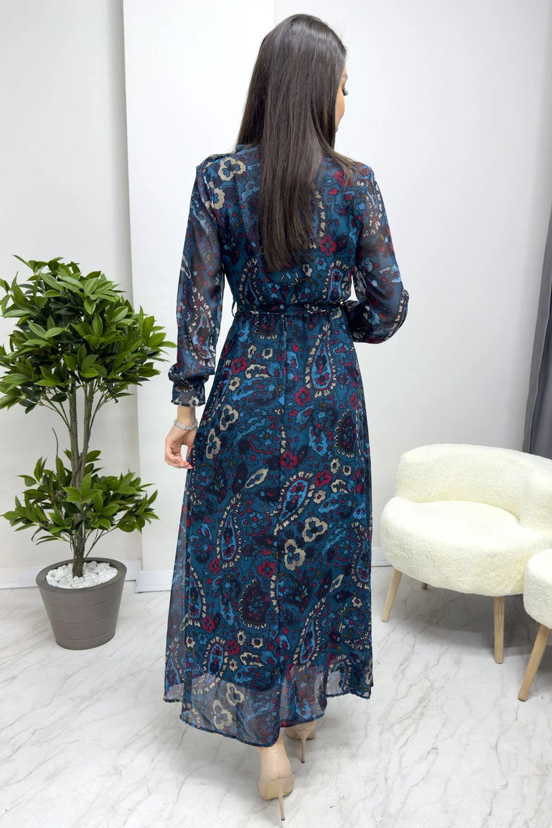 Women's Petrol Blue Şal Desen Wrap Neck Chiffon Dress