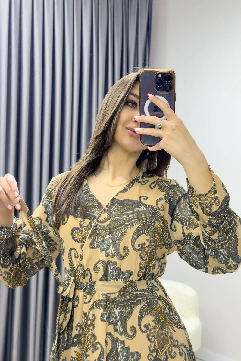 Women's Gold Şal Desen Wrap Neck Chiffon Dress