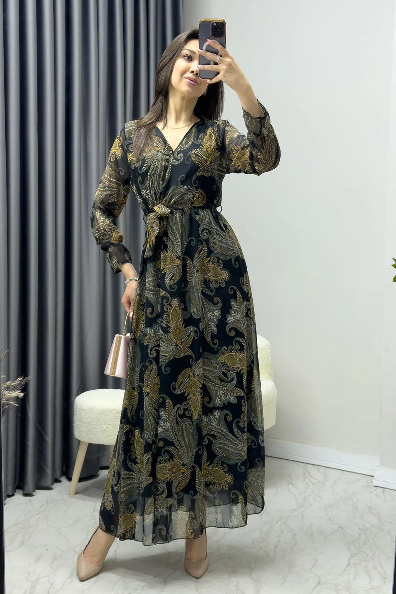 Women's Etnik Şal Patterned Wrap Neck Chiffon Plus Size Dress