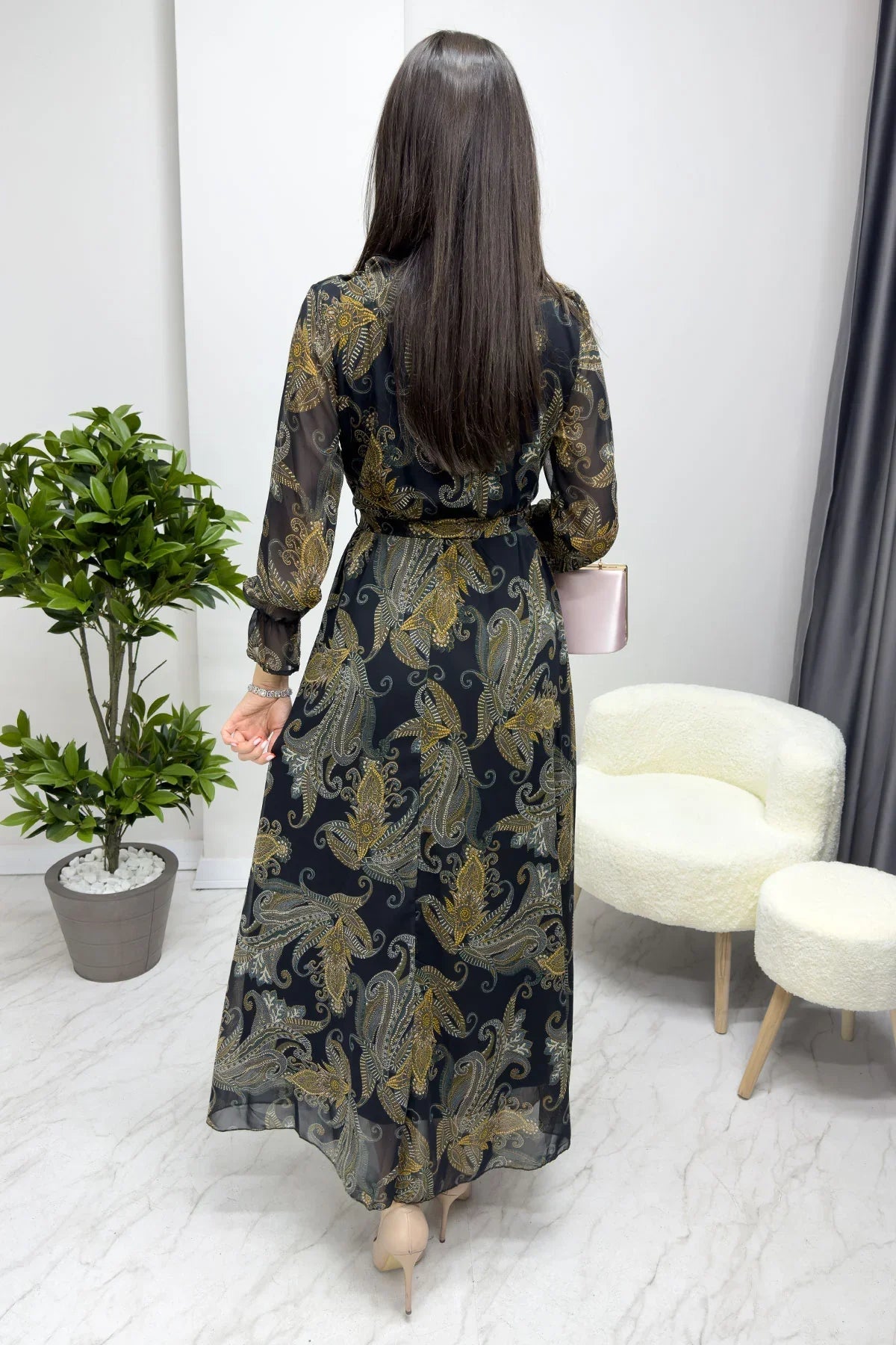 Women's Etnik Şal Patterned Wrap Neck Chiffon Plus Size Dress