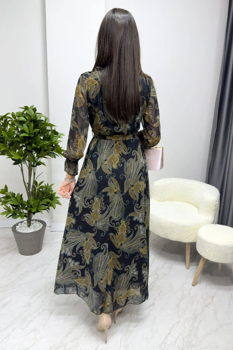 Women's Etnik Şal Patterned Wrap Neck Chiffon Plus Size Dress