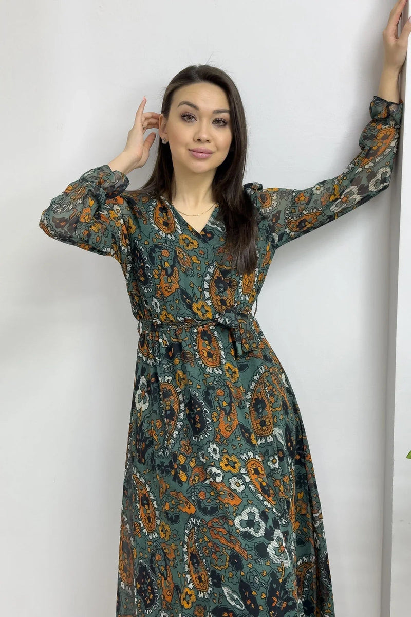 Women's Green Şal Desen Wrap Neck Chiffon Dress