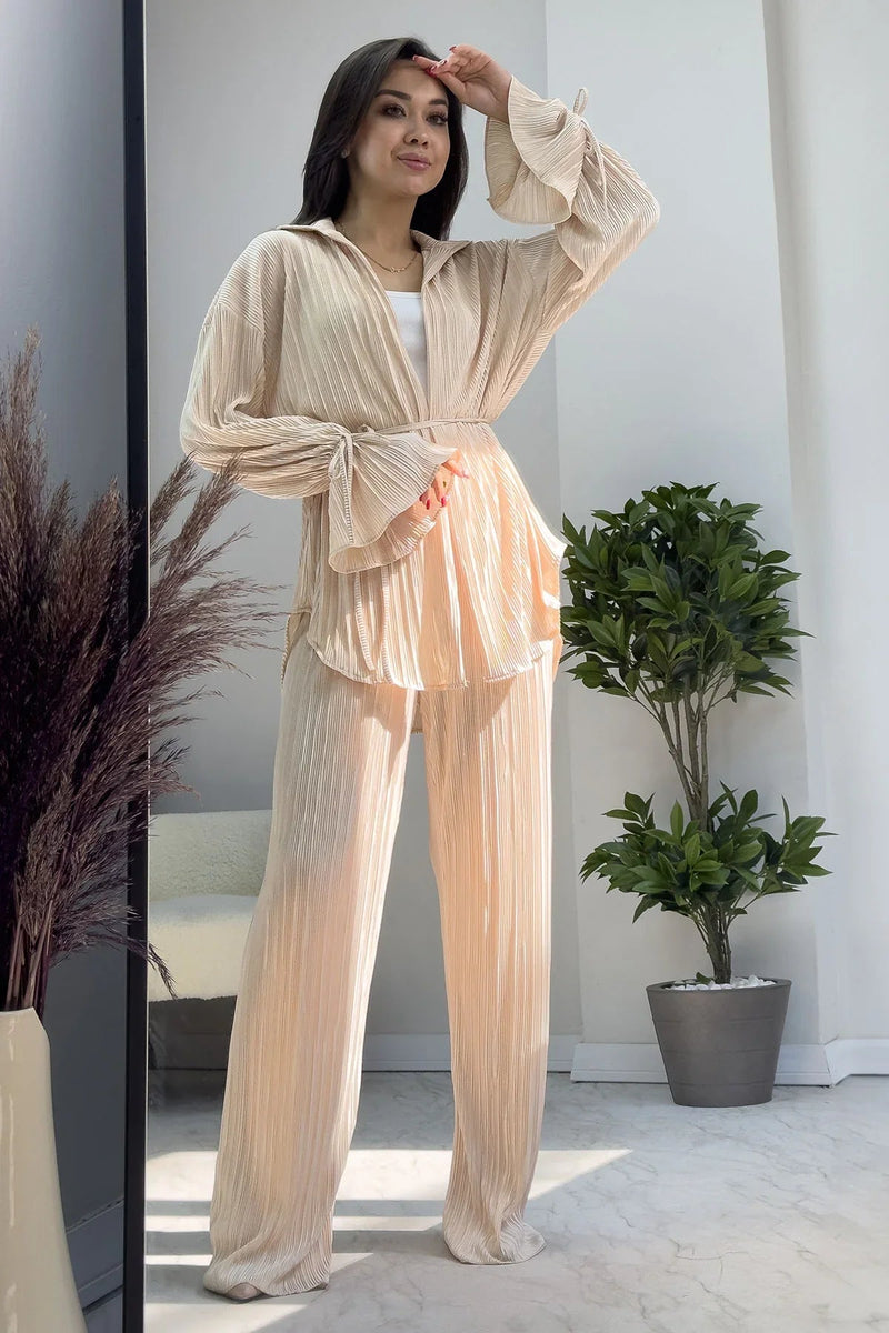 Women's Beige Krinkıl Fitilli Kimono Pants Set
