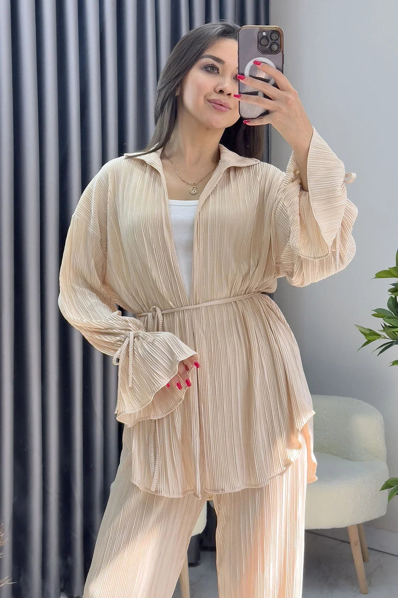 Women's Beige Krinkıl Fitilli Kimono Pants Set
