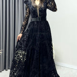 Black Flock Print Belted Plus Size Evening Dress