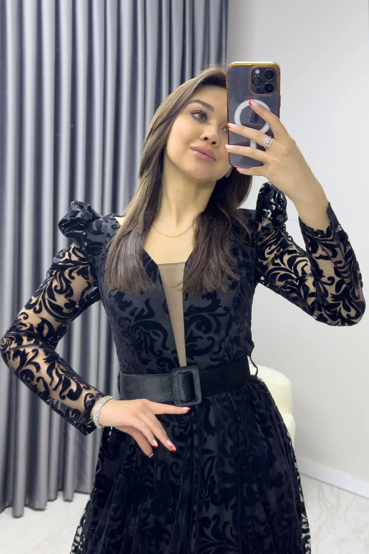 Women's Black Flocked Print Belted Plus Size Evening Gown