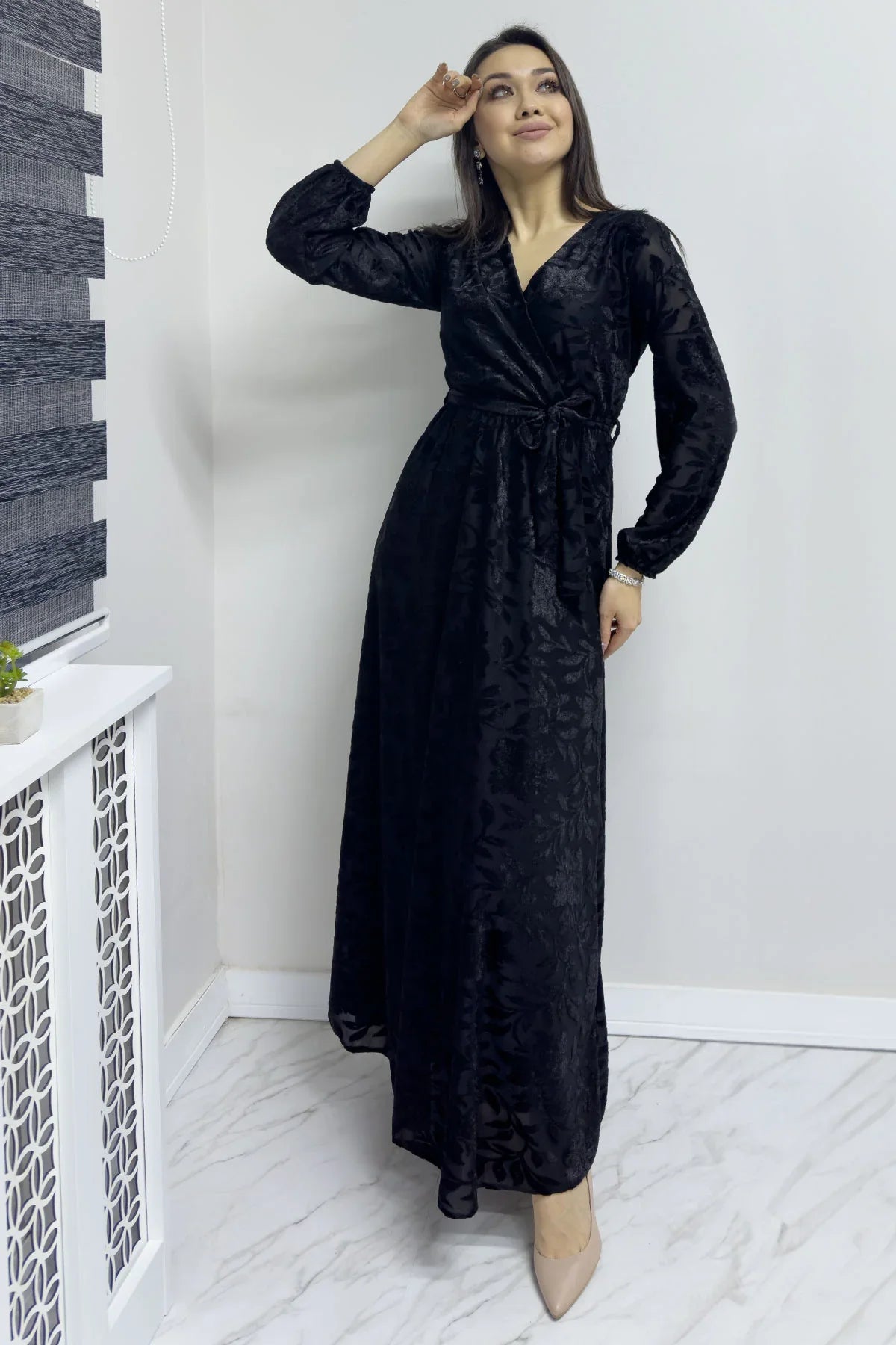 Women's Black Flocked Print Wrap Neck Dress
