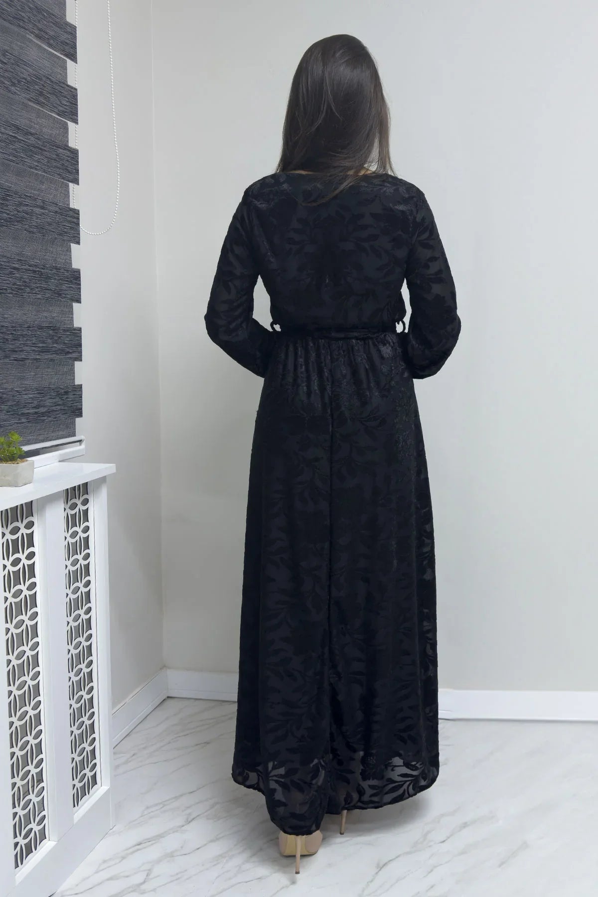 Women's Black Flocked Print Wrap Neck Dress