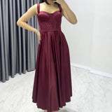 Burgundy Midi Satin Strappy Evening Dress