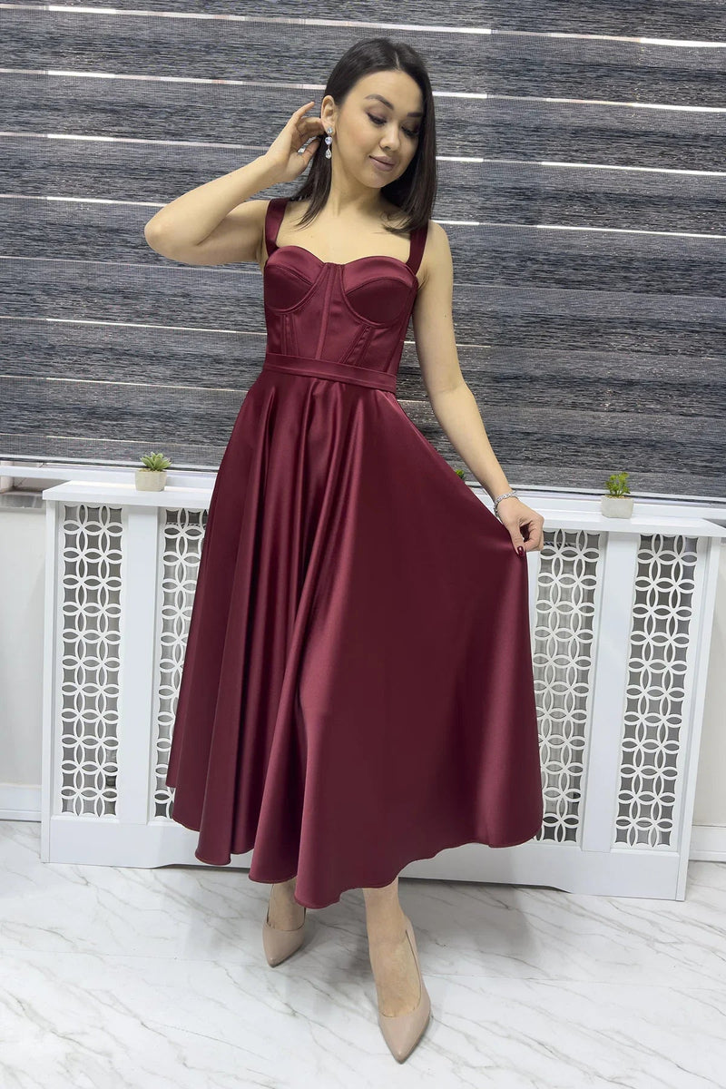 Women's Burgundy Gloplu Sırtı Bağcıklı Satin Strap Midi Evening Gown