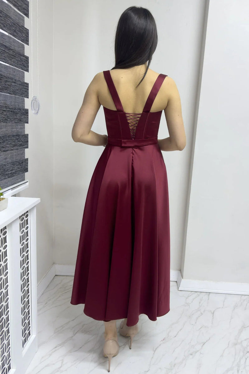 Women's Burgundy Gloplu Sırtı Bağcıklı Satin Strap Midi Evening Gown