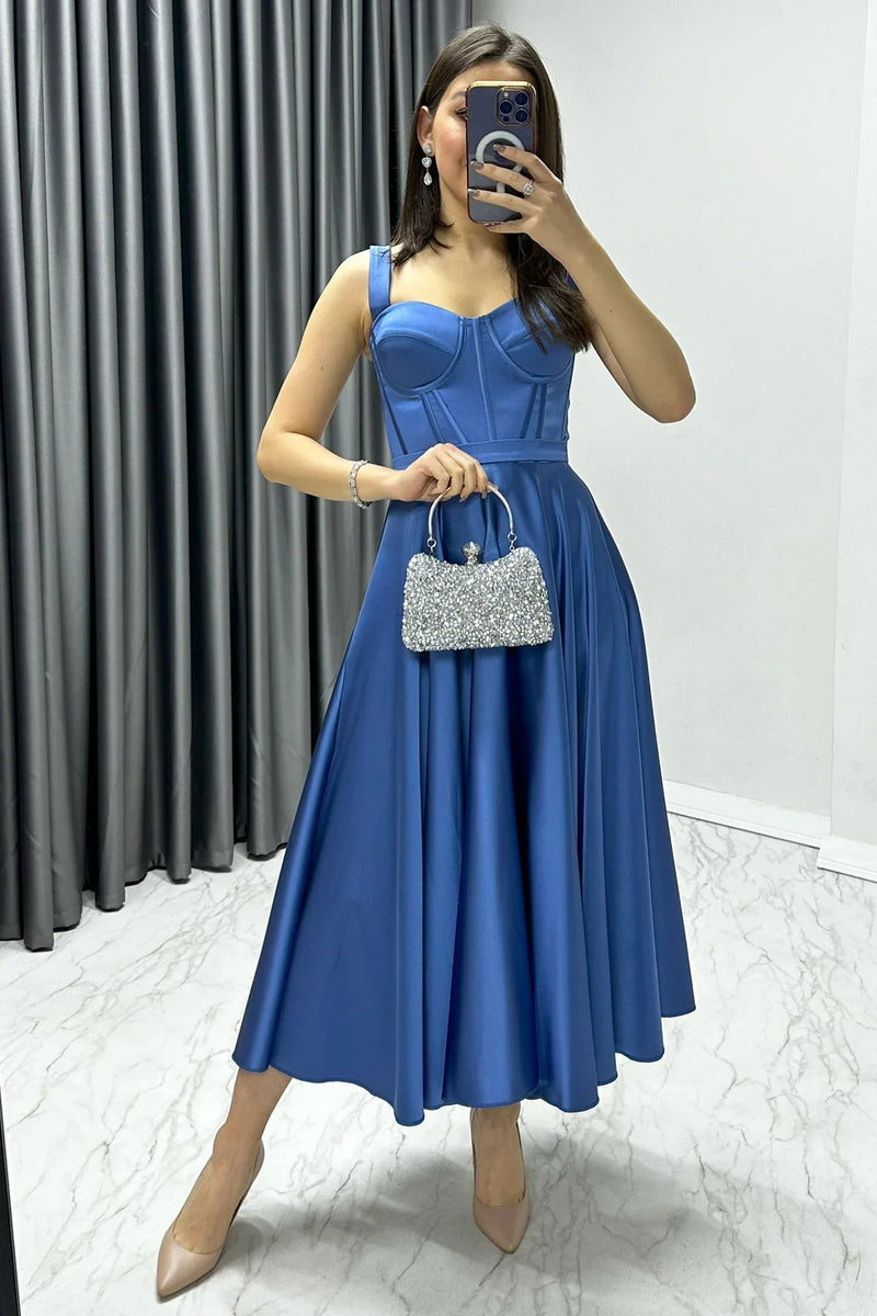 Women's Indigo Gloplu Sırtı Bağcıklı Satin Strap Midi Evening Gown