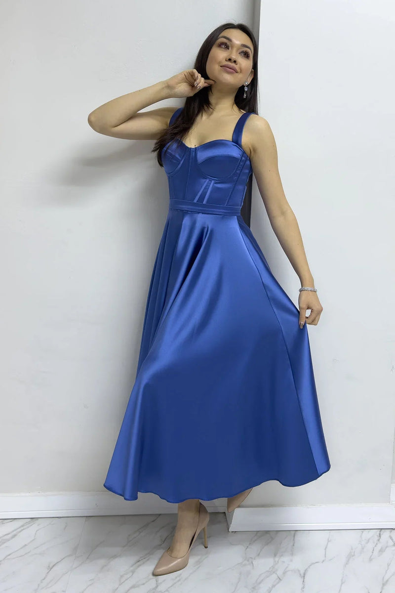 Women's Indigo Gloplu Sırtı Bağcıklı Satin Strap Midi Evening Gown