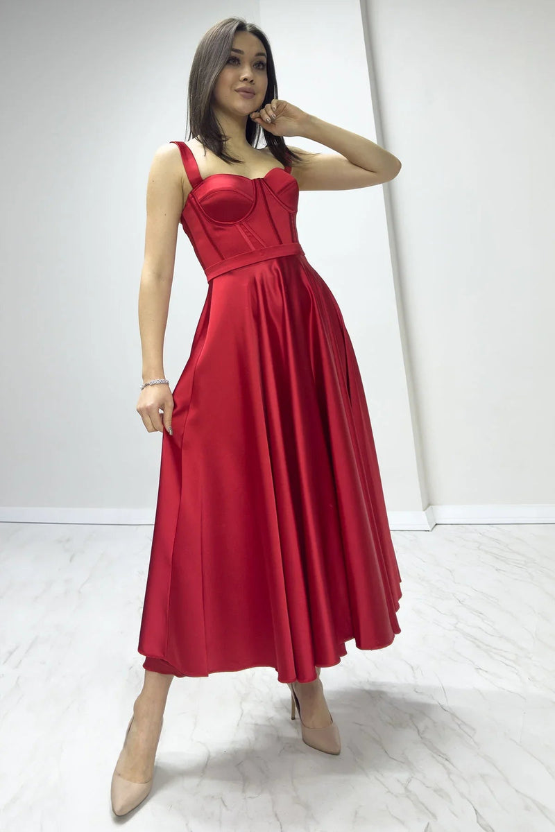 Women's Red Gloplu Sırtı Bağcıklı Satin Strap Midi Evening Gown