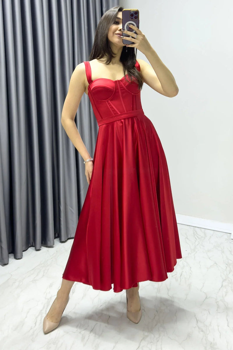 Women's Red Gloplu Sırtı Bağcıklı Satin Strap Midi Evening Gown