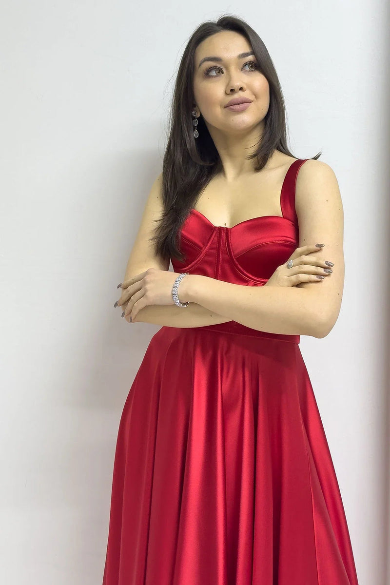 Women's Red Gloplu Sırtı Bağcıklı Satin Strap Midi Evening Gown