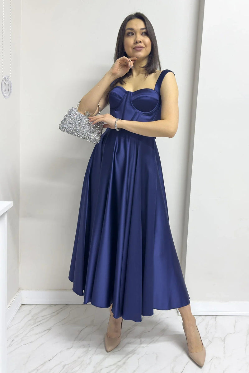 Women's Navy Blue Gloplu Sırtı Bağcıklı Satin Strap Midi Evening Gown