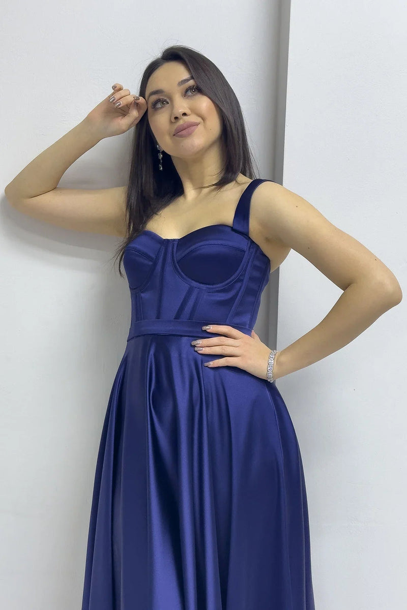 Women's Navy Blue Gloplu Sırtı Bağcıklı Satin Strap Midi Evening Gown