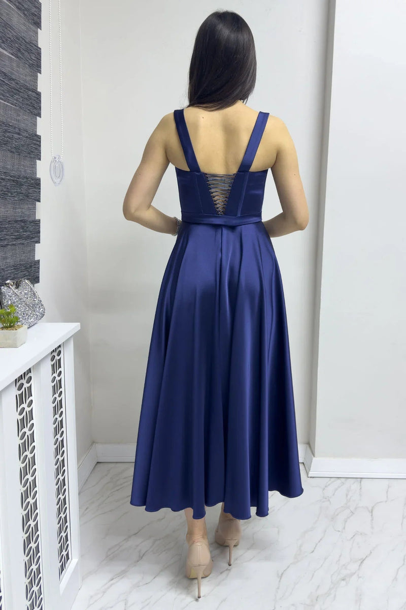 Women's Navy Blue Gloplu Sırtı Bağcıklı Satin Strap Midi Evening Gown