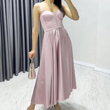 Pink Midi Satin Strappy Evening Dress