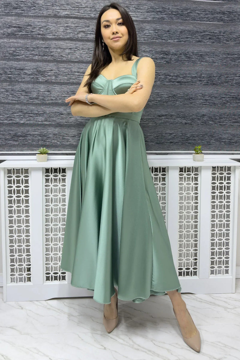 Women's Aqua Green Gloplu Sırtı Bağcıklı Satin Strap Midi Evening Gown
