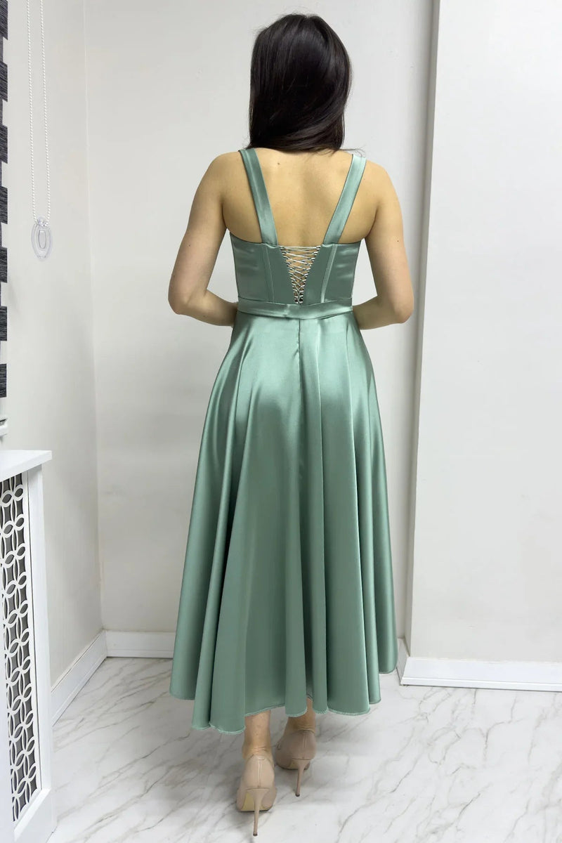 Women's Aqua Green Gloplu Sırtı Bağcıklı Satin Strap Midi Evening Gown