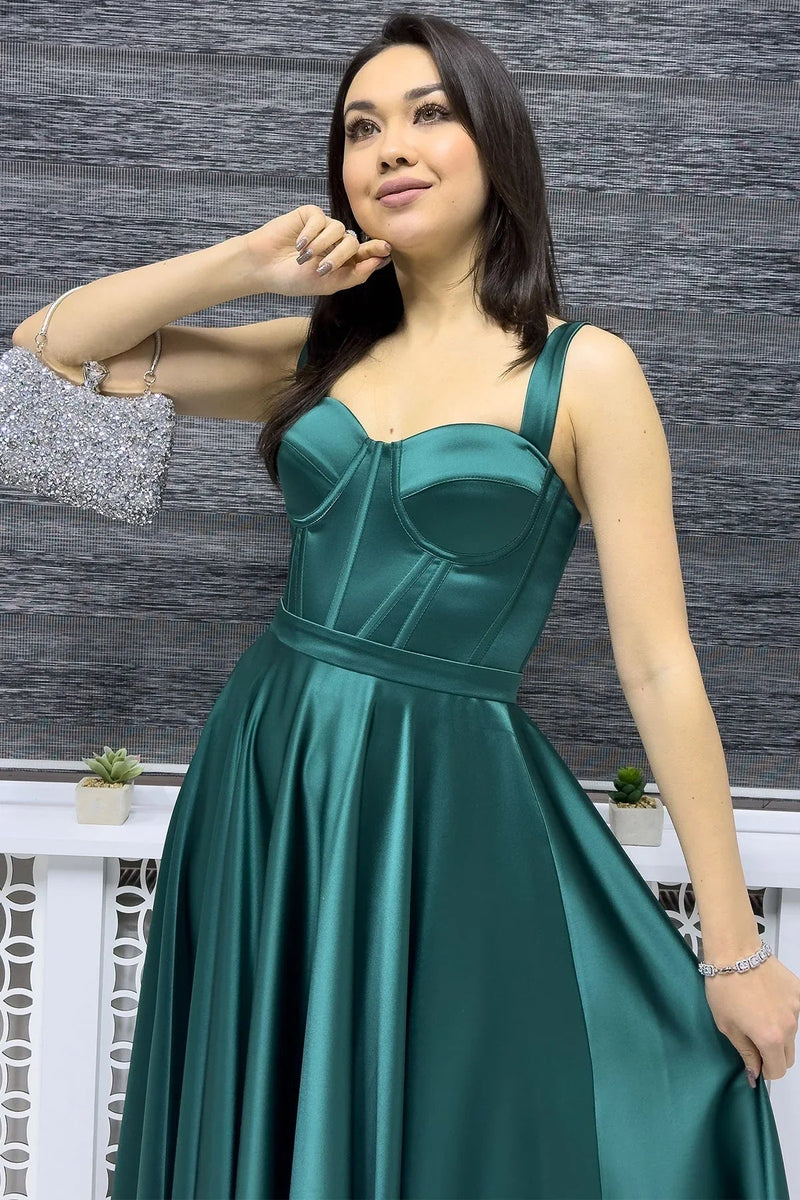 Women's Emerald Green Gloplu Sırtı Bağcıklı Satin Strap Midi Evening Gown