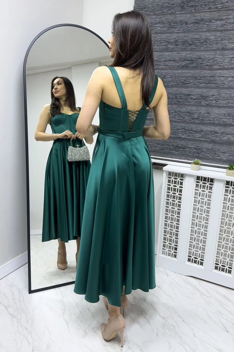 Women's Emerald Green Gloplu Sırtı Bağcıklı Satin Strap Midi Evening Gown