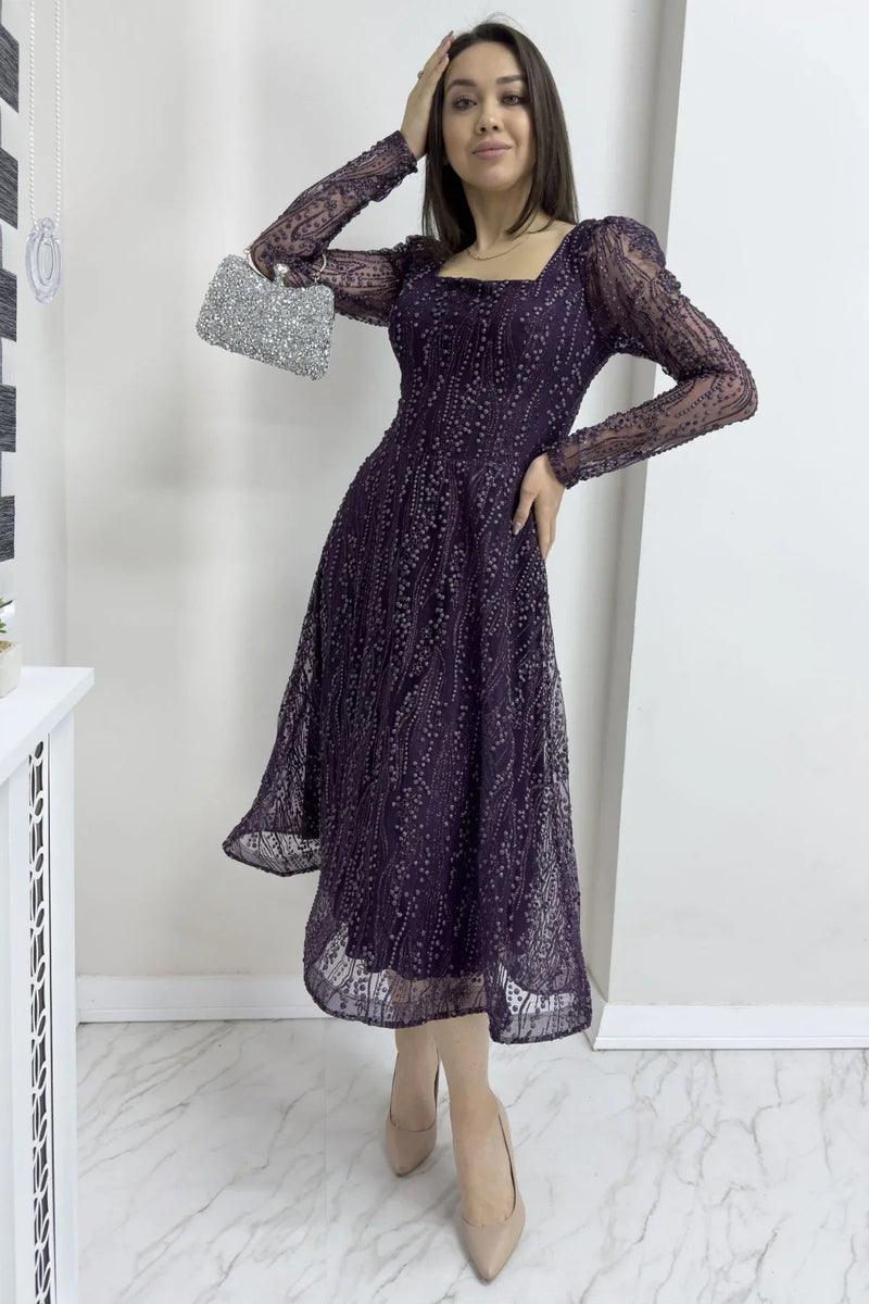 Women's Purple Square Neck Glitter Embroidered Flared Evening Gown